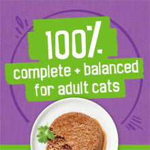 Wet cat food variety pack label: 100% complete + balanced for adult cats