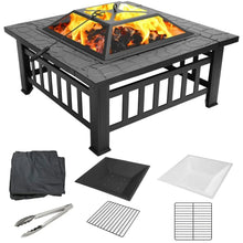 Black wood-burning fire pit table with open mesh lid and visible flames, front view