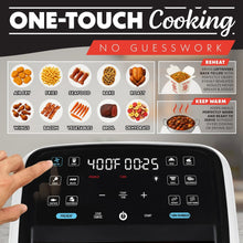 Digital air fryer control panel with presets, holographic display, and panoramic window