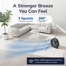 Black floor fan on base with front grille, positioned for whole-room airflow