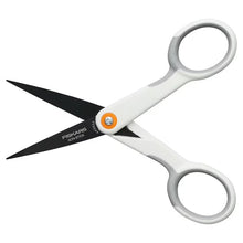Fiskars micro-tip non-stick scissors with Softgrip, pointed black blades, white ring handles
