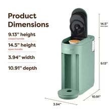 Keurig K-Mini Mate pod coffee maker in Glamping Green with open handle and cup bay
