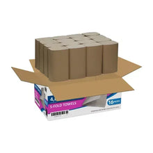 Singlefold paper towel multipack with brown rolls in open cardboard tray