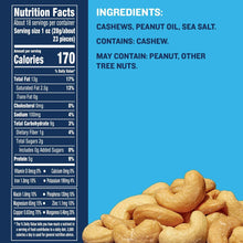 Nutrition facts and ingredients panel for cashews with sea salt