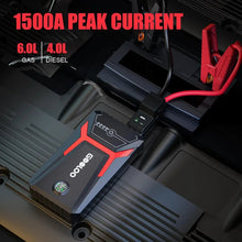 Portable car jump starter with red clamp cables and top control panel
