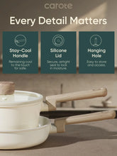 Cream cookware pot set with wooden handles and silicone lids