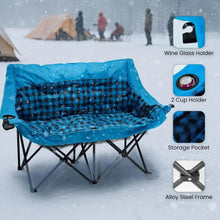 Blue plaid double camping loveseat with cup holders, storage pocket, and alloy steel frame.