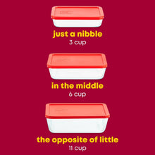 Set of three glass storage containers with red lids, 3, 6, and 11 cup