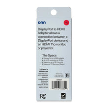 onn DisplayPort to HDMI adapter, specs and barcode on package back