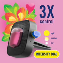 Febreze Car vent clip air freshener with pink reservoir and blue three-level intensity dial