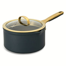 Atlantic blue non-stick saucepan with glass lid and gold-tone handles