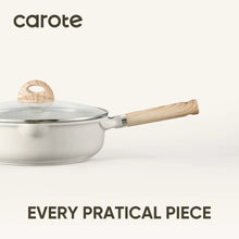 Speckled nonstick saucepan with glass lid and wood-look handle
