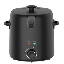 Matte black electric deep fryer front view with lid and temperature control dial