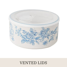 Blue floral nesting baker bowl with vented lid, white stoneware