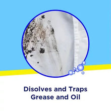 Stain remover powder graphic showing fabric with dark grease stains dissolving