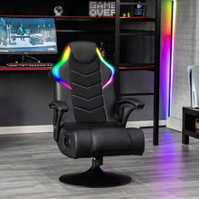 Black gaming chair with headrest, cushioned armrests, and glowing RGB frame accents