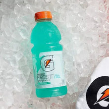 Bright aqua Gatorade Frost Thirst Quencher bottle with orange cap and front label