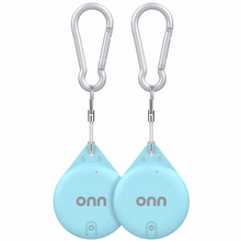 Blue wireless item locator key tags, front view with on logo, 2-pack