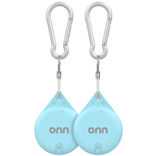 onn item locator 2-pack, front view of blue teardrop trackers with key rings