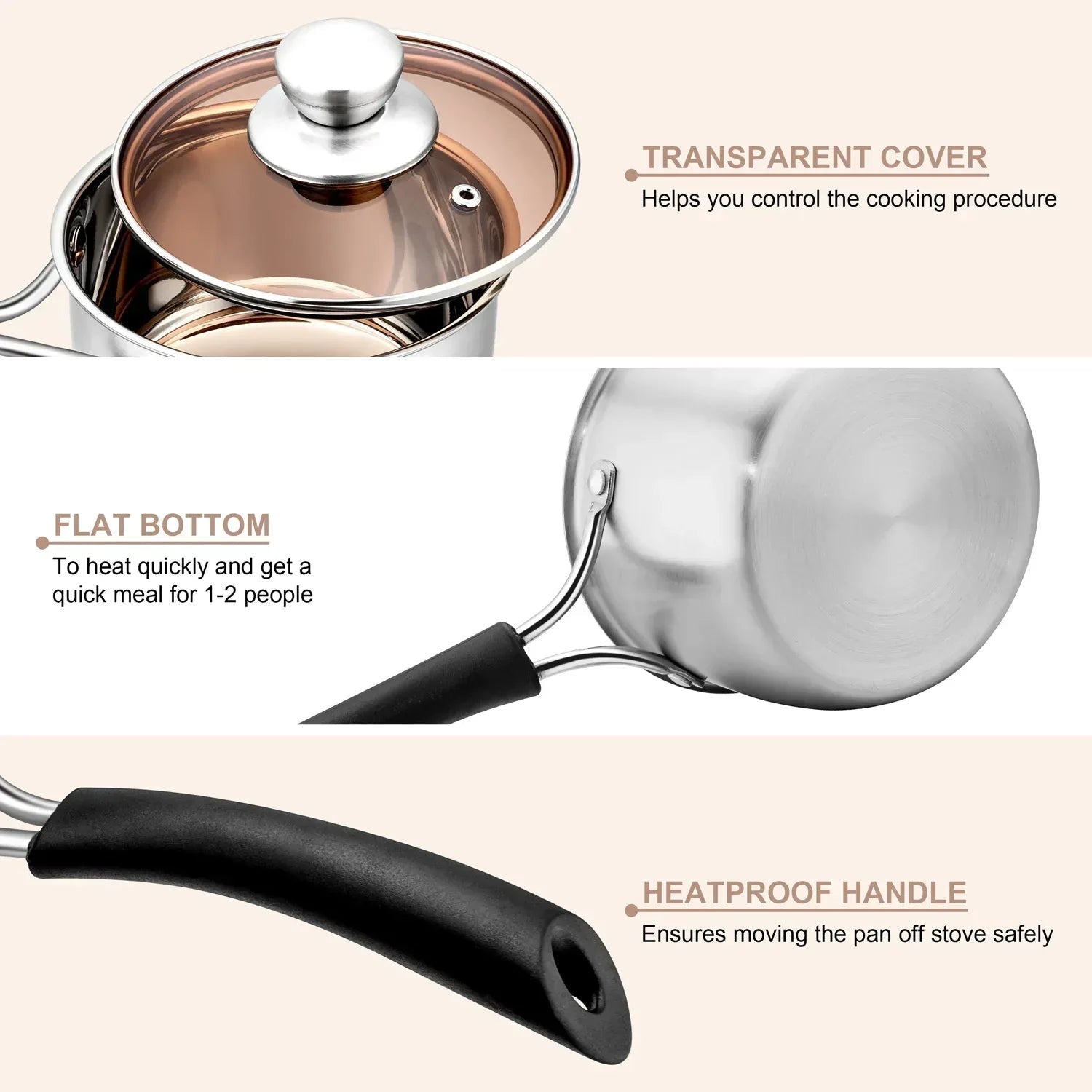 Walchoice 1 Quart Saucepan, Stainless Steel Soup Milk Pan with Transparent Lid
