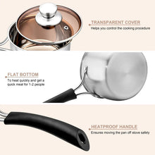 Stainless steel saucepan with transparent lid and black heatproof handle