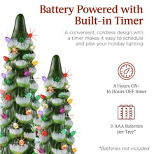 Set of 3 green ceramic tabletop Christmas trees with multicolor LED lights