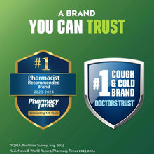 Cough medicine brand trust badges with pharmacist and doctors trust emblems