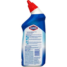 Clorox toilet bowl cleaner bottle back label, blue bottle with red cap