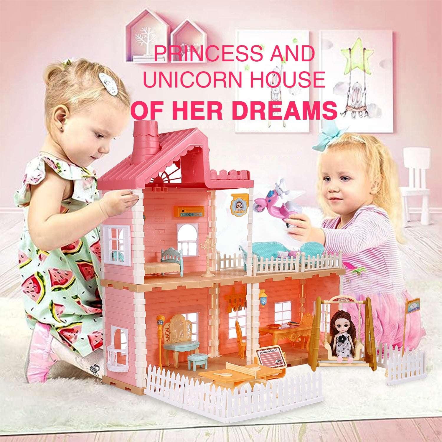 Hengswere 19Inch Dollhouse for Girls, 3 Rooms Princess Dollhouses with Furniture & Accessories and Doll Toy, Premium ABS Plastic, Pink - USA MEGA SHOP