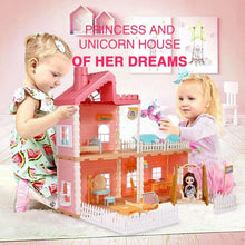 Pink dollhouse with balcony and white fence, with doll toy and scooter