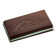 Mint chocolate candy bar with Andes logo, dark brown and mint stripes