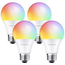 Four A19 RGBW LED bulbs with colored light glow
