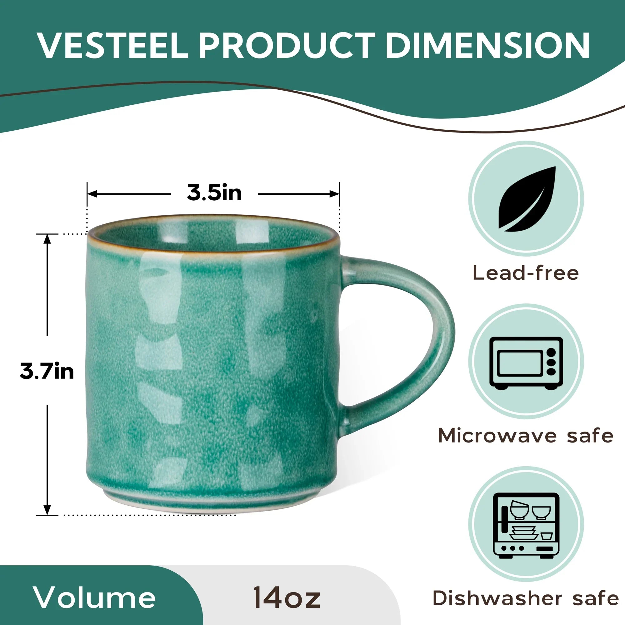 Vesteel Coffee Mug Set of 4, Ceramic Coffee Cups with Handles, 14oz Stoneware Mugs Set for Coffee Tea Milk, Wave Design Mug Gifts for Home Office Restaurant