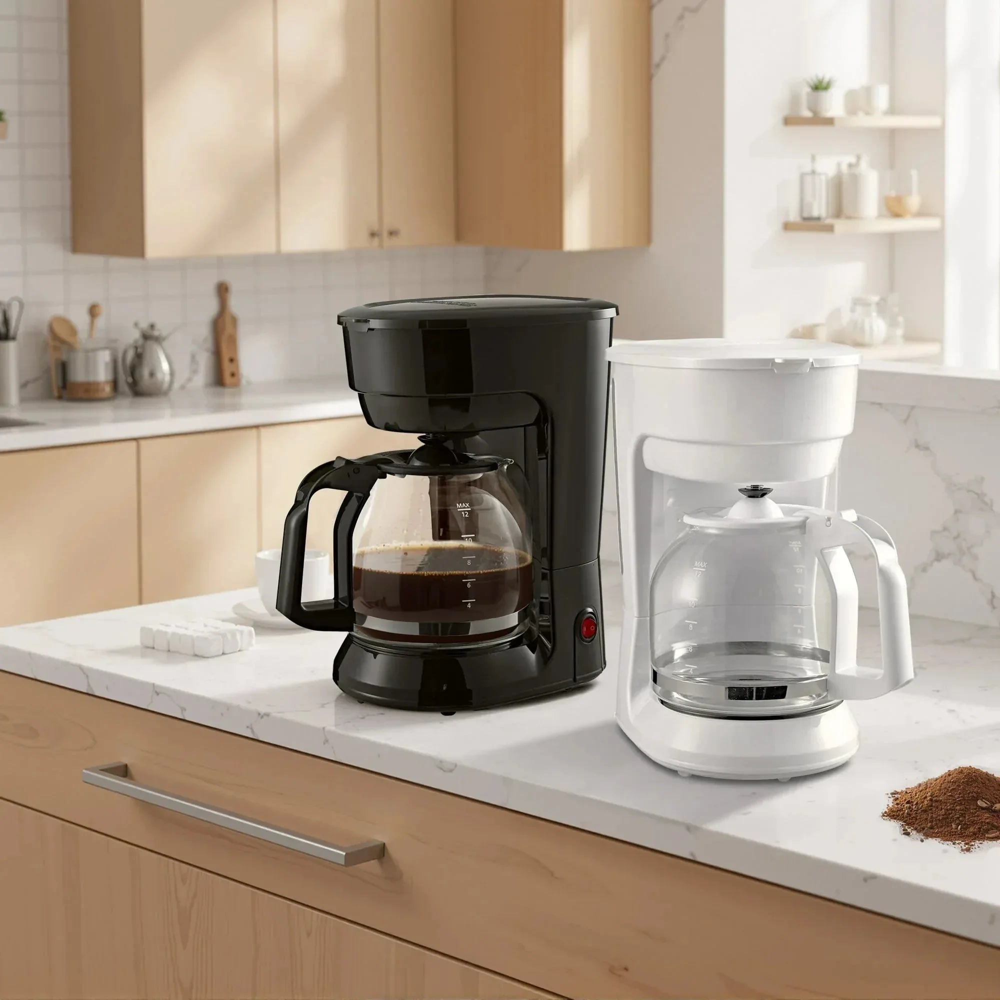 Mainstays 12 Cup Coffee Maker, 1.8 Liter Capacity, White, New Condition, Medium Roast Type - USA MEGA SHOP