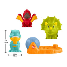 Dinosaur figures with orange base and light-blue boulder; red, teal, and green