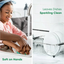 Dishwashing promo graphic: hand washing dishes, Palmolive Oxy text, Soft on Hands
