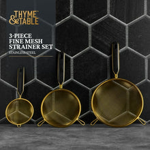 3-piece fine mesh strainer set, three round gold mesh screens with dark handles