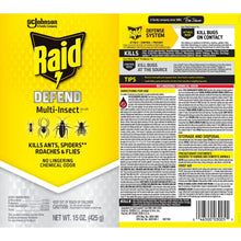 Raid Defend multi-insect aerosol can label and back panel with directions