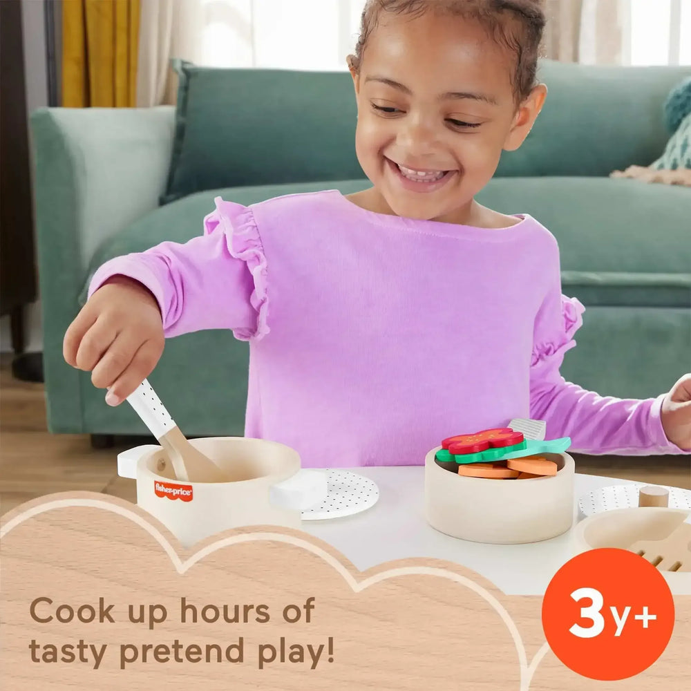 Fisher-Price Wooden Kitchen Pots & Pans Set, 19 Wood Pieces for Preschool Pretend Play, Ages 3+ Yearspla - USA MEGA SHOP
