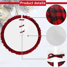 Christmas tree skirt design details showing red-and-black plaid edge and white fabric center