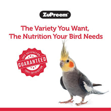 Bird food blend package with cockatiel and satisfaction badge.