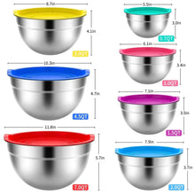 Stainless steel mixing bowl set with size labels and colorful snap-on lids