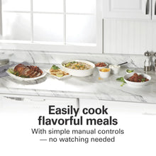 Slow-cooker-style meal bowls on a kitchen counter with serving dishes