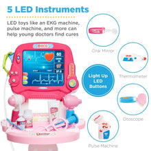 Pink play doctor station with screen display and removable LED-style tool accessories