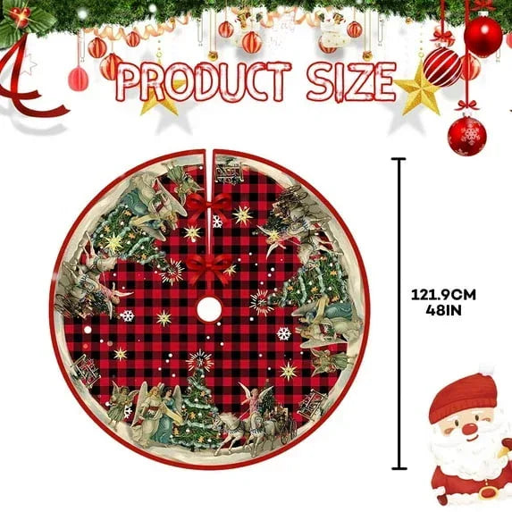 Christmas Tree Skirt, New Year Xmas Deco, 48 Inches Large Christmas Tree Skirts Snowflake Red and Black Plaid Stamp for Christmas Tree Decorations - USA MEGA SHOP