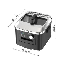 Electric deep fryer with size measurements shown on the unit