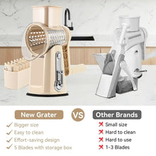 Beige rotary cheese grater with 5-blade drum, suction base, and side blade storage