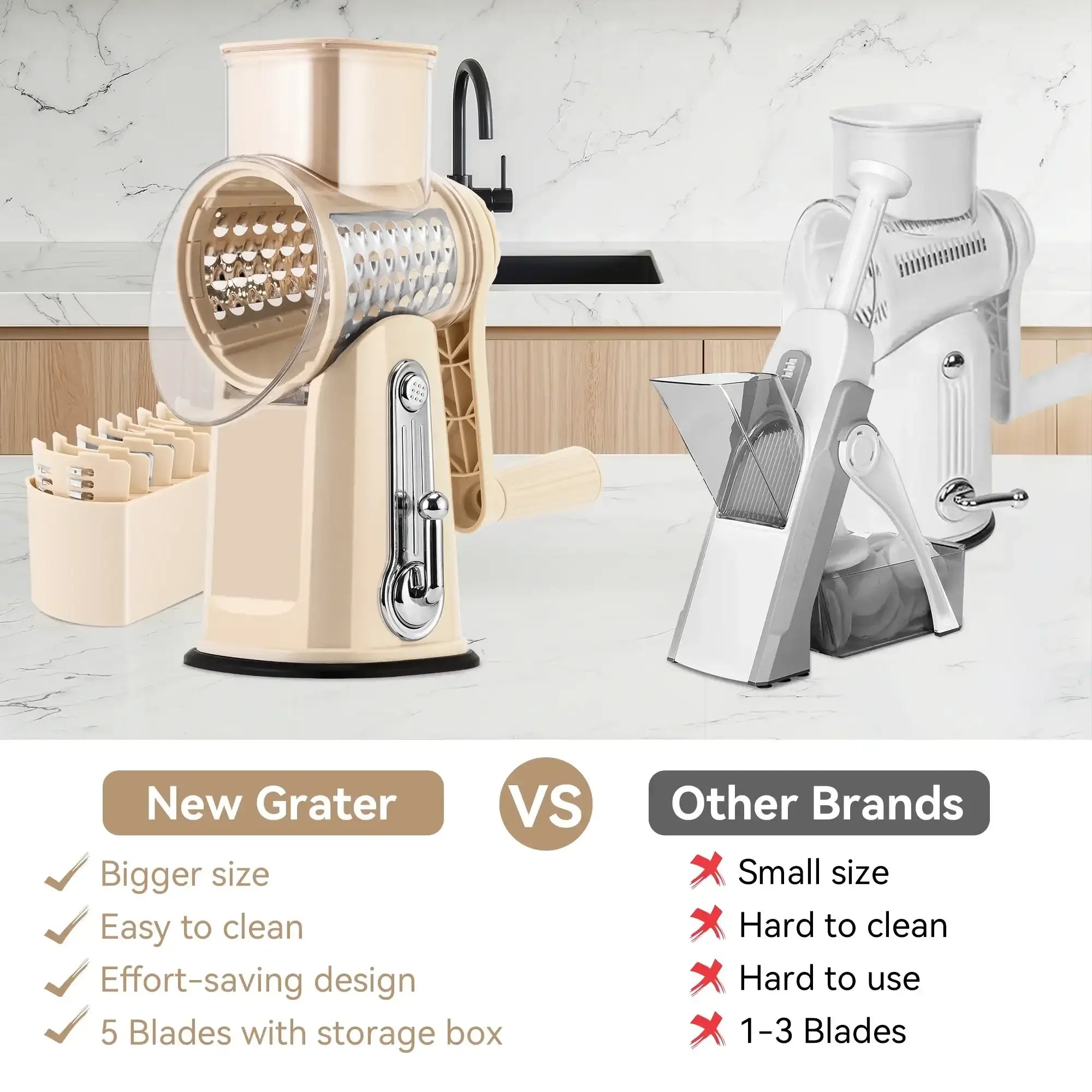 Pukomc Rotary Cheese Grater with Handle- 5 Blades, Suction Base, Mandoline Slicer & Veg Shredder with Blade Storage Box - USA MEGA SHOP