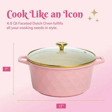 4.6 qt pink faceted Dutch oven with glass lid and gold knob, loop handles
