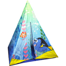 Kids' Dory play tent with cone shape and ocean fish graphics, yellow-trim base